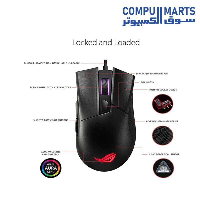 Mouse ASUS Optical Gaming - ROG Gladius II Core - Ergonomic Right-Hand Grip - Lightweight PC Gaming Mouse  6200 DPI Optical Sensor -Omron Switches -6 Buttons- Aura Sync RGB Lighting - Image 3