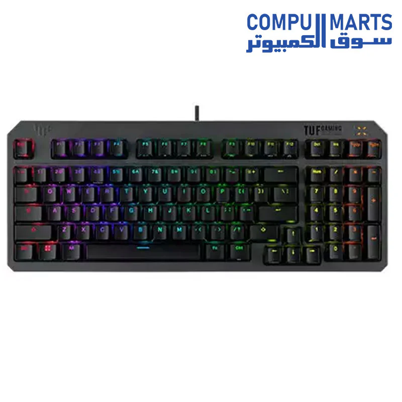 ASUS TUF GAMING RA07 TUF K3 GEN II keyboard with compact 97-key layout, optical-mechanical RGB switches, silicone-gasket mount, dampening foam, IP57 waterproofing, a detachable top plate, and Aura Sync compatibility. - Image 2