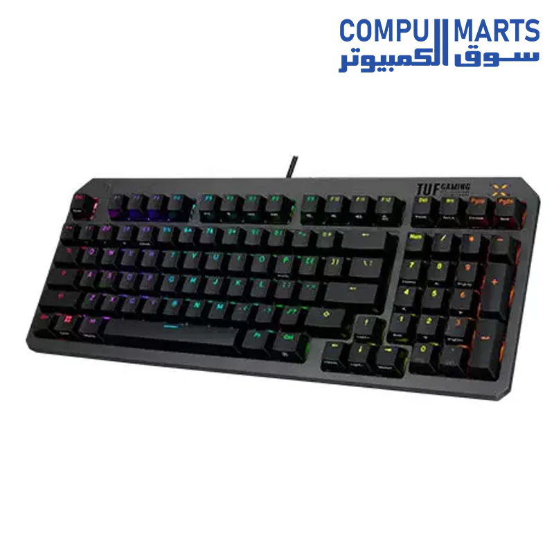 ASUS TUF GAMING RA07 TUF K3 GEN II keyboard with compact 97-key layout, optical-mechanical RGB switches, silicone-gasket mount, dampening foam, IP57 waterproofing, a detachable top plate, and Aura Sync compatibility. - Image 4