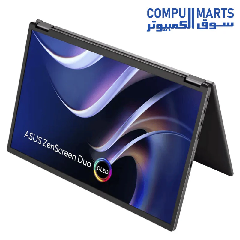 ASUS ZenScreen Duo OLED MQ149CD 360° Foldable Portable Monitor - Dual 14-inch, 16:10, 1920x1200 FHD, OLED panels, Display HDR 400 True Black, 100% DCI-P3, Delta<2, Dual USB Type-C, mini-HDMI, kickstand, and standard tripod hole. - Image 2