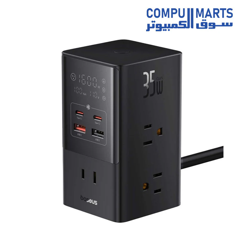 Baseus PowerCombo Tower Digital PowerStrip 6AC+2U+2C 35W with 1.5m Power Cord US Cluster Black - Image 3