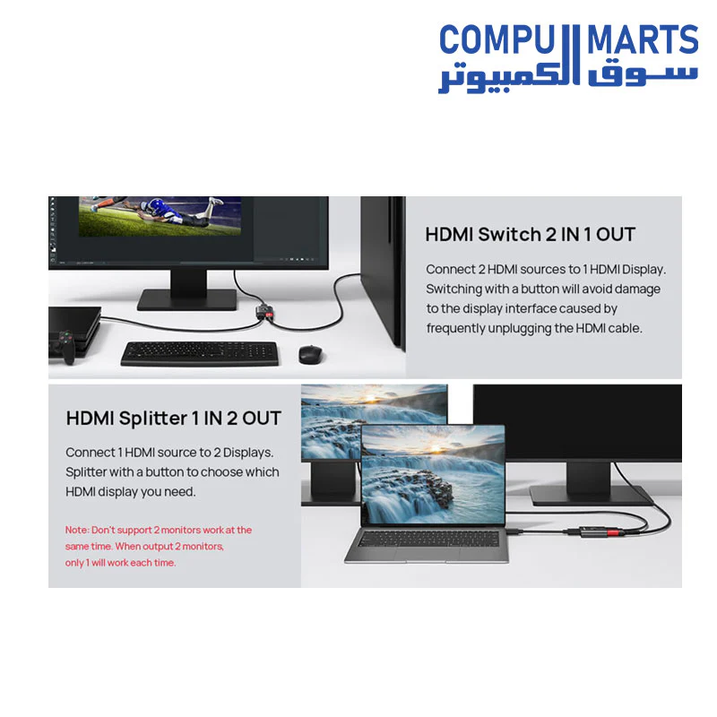 HDMI(DV0016) Switch 4K 60Hz 1 m, JSAUX HDMI 2.0 Switcher 2 in 1 Out Aluminum Bi-Directional Splitter 2 x 1/1 x 2 UHD 3D Compatible for Switch, PS4, Roku, HDTV, Monitor – 1m Grey - Image 2