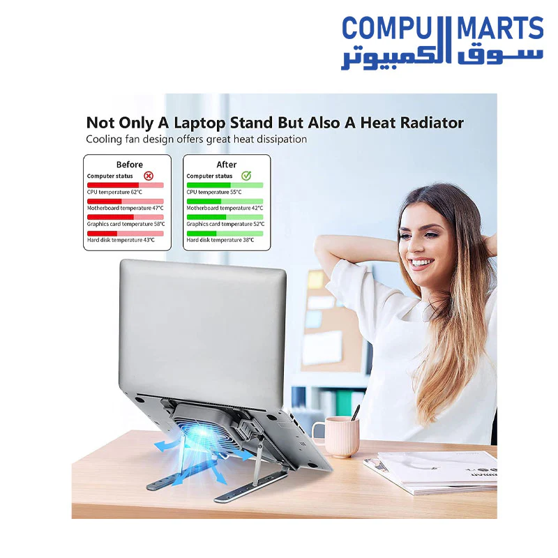 Laptop Stand, Adjustable Laptop Stand with a Removable USB Cooling Fan, Computer Stand with Heat-Vent, Foldable & Sturdy Aluminum Laptop Riser for MacBook Air Pro/Dell XPS/More 10-15.6" Laptops - Image 4
