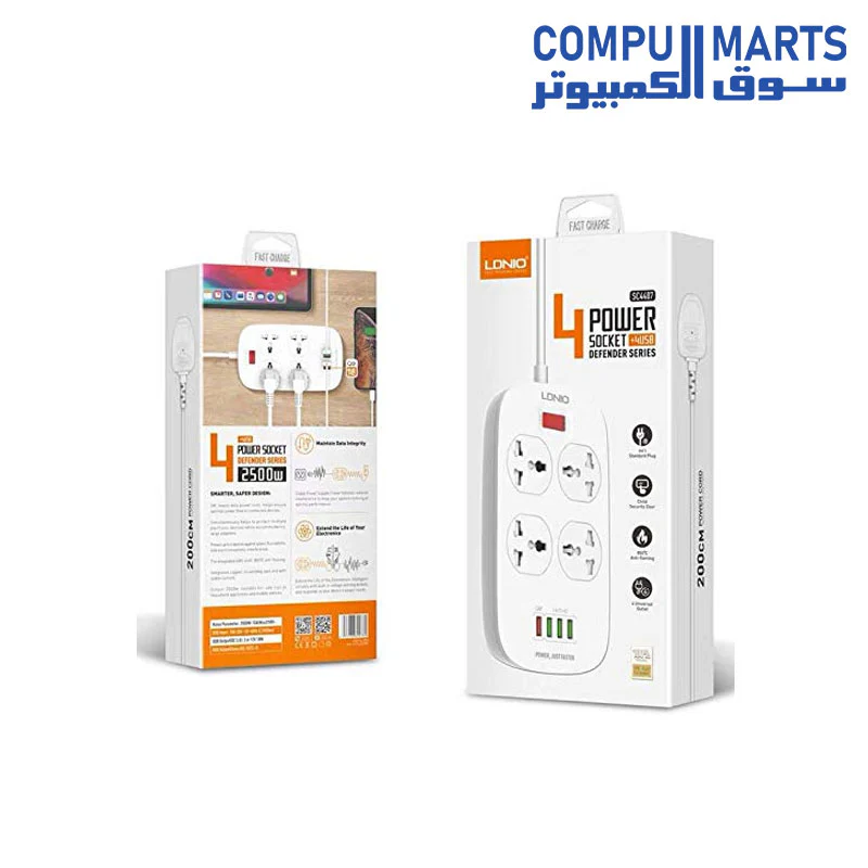 Ldnio SC4407 2-Meter Extension Cord with 4 Socket Outlets and 4 USB 2500W 3.4A - Image 3