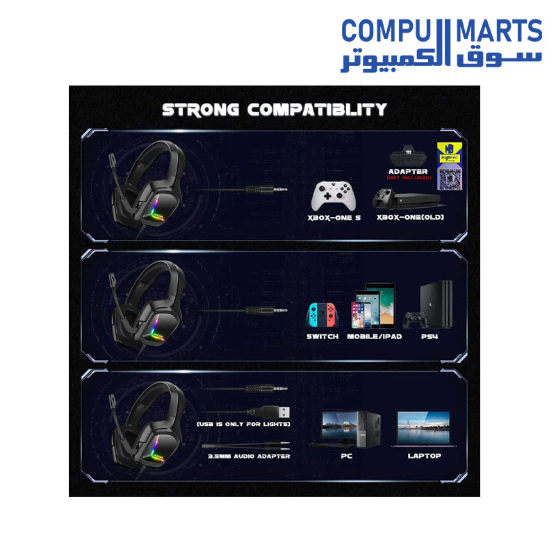 Onikuma k20 stereo rgb gaming headset with led light noise-cancelling mic for mobile ,pc ,ps4 ,xbox one ,mac, black - Image 6