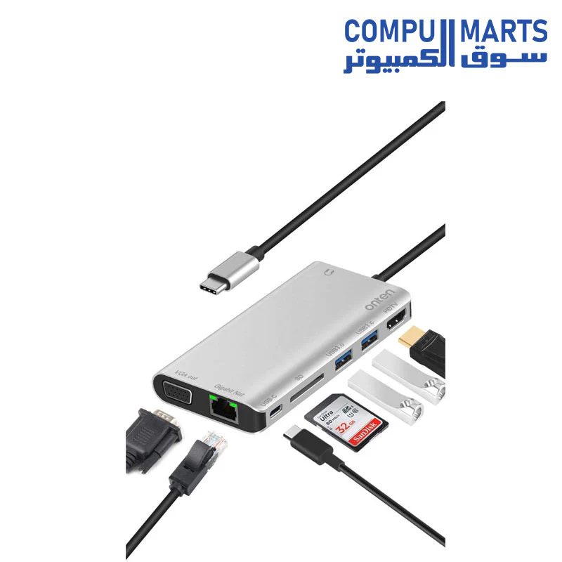 Onten (OT-9591B) USB C Hub 8 in 1 Type C Hub Adapter with 1Gbps Ethernet, 4K HDMI, VGA, PD Charging, 2 USB3.0, 3.55mm Audio, SD Card Reader for MacBook Pro and Other Type C Laptops - Image 2
