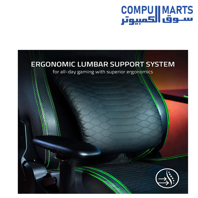 Razer Iskur Gaming Chair: Ergonomic Lumbar Support System - Multi-Layered Synthetic Leather - High Density Foam Cushions - Engineered to Carry - Memory Foam Head Cushion - Black/Green - Image 2