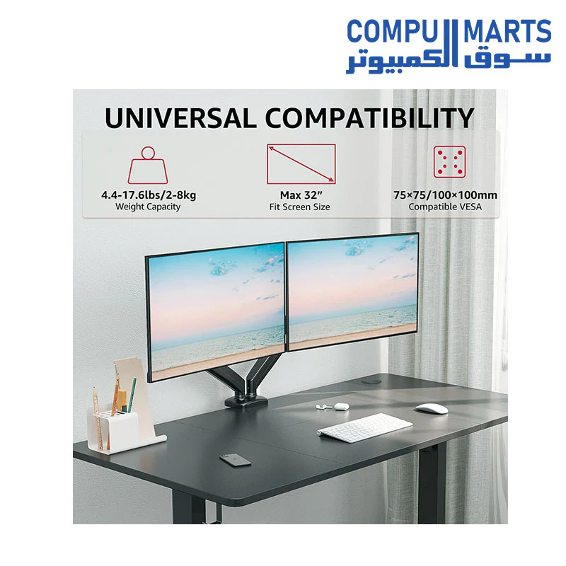 Redragon GMK915 Dual Monitor Mount Stand - Gas Spring Adjustable Arms with VESA 75/100mm, 13-32 Inch Screen Compatibility, C Clamp & Grommet Base, Cable Management, 17.6lbs Load Capacity - Image 2