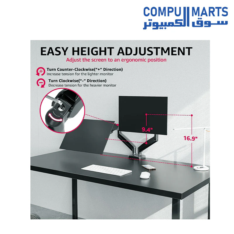 Redragon GMK915 Dual Monitor Mount Stand - Gas Spring Adjustable Arms with VESA 75/100mm, 13-32 Inch Screen Compatibility, C Clamp & Grommet Base, Cable Management, 17.6lbs Load Capacity - Image 4