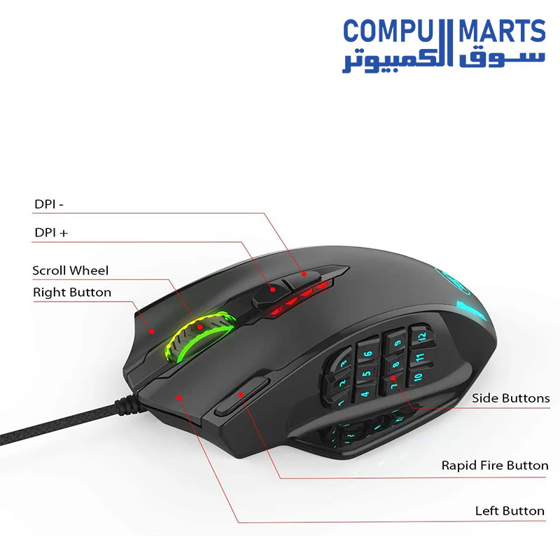 Mouse Redragon M908 Impact RGB LED MMO Mouse with Side Buttons Optical Wired Gaming Mouse with 12,400DPI, High Precision, 20 Programmable Mouse Button - Image 2