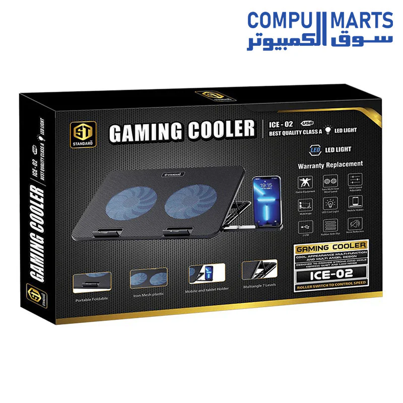 ST-Standard ICE02 Gaming Laptop Cooling Pad with Mobile Holder, 2 Large RGB Fans, LCD Screen, 2 USB Ports, Suitable for 12-17 Inch Laptops - Image 3
