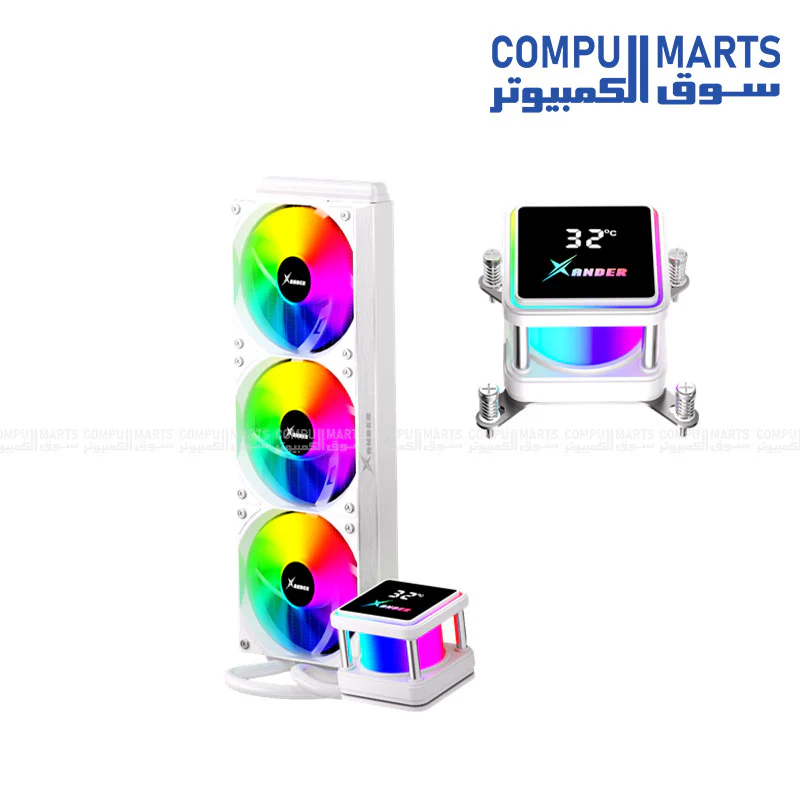 XANDER Waterwheel Digital 360 Black - White | AIO Liquid CPU Cooler with LCD Pump Head & 3×120mm ARGB PWM Fans - Image 4