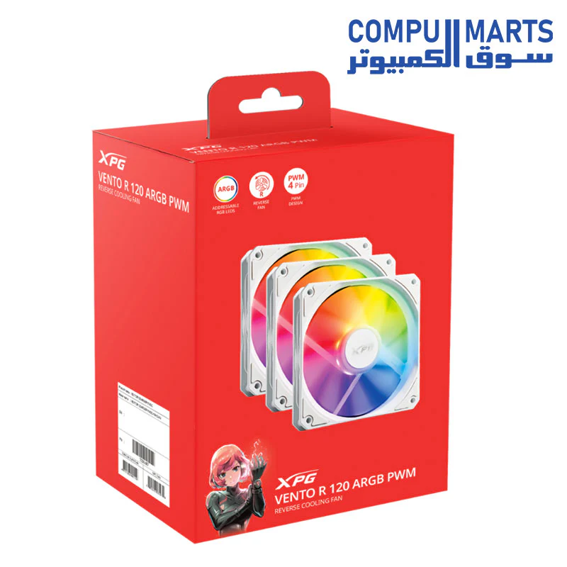 XPG VENTO R ARGB REVERSE Case Fan 120mm — 3x pack, 45.3 CFM, 23 dBA - Image 2